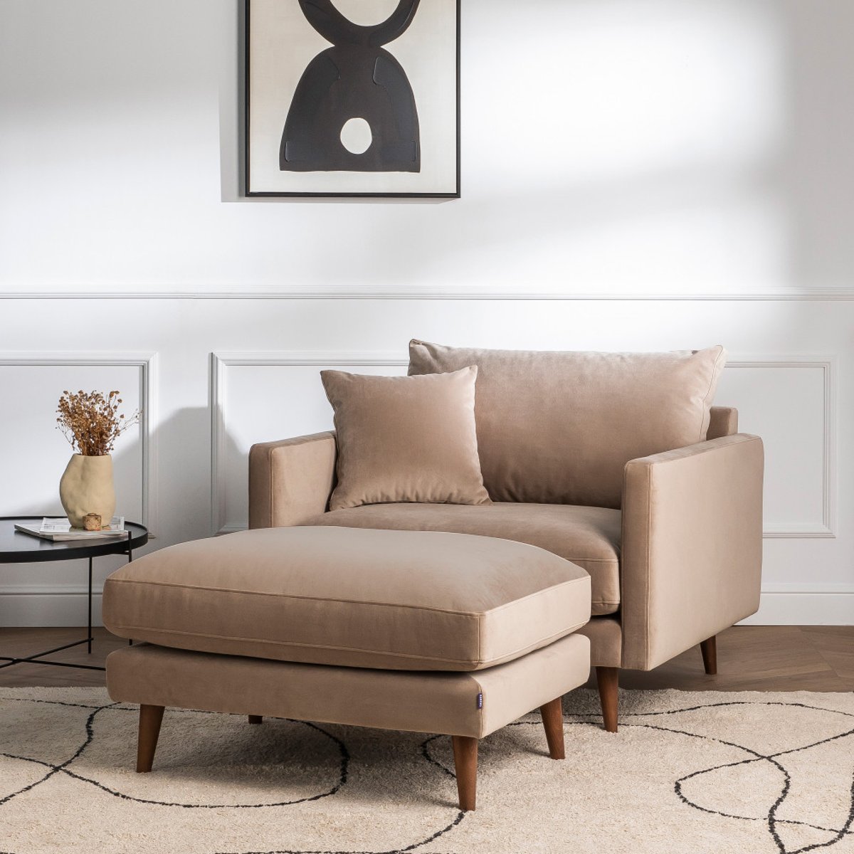 Fauteuil XL en velours pieds bois foncé- VILLABON beige, DRAWER