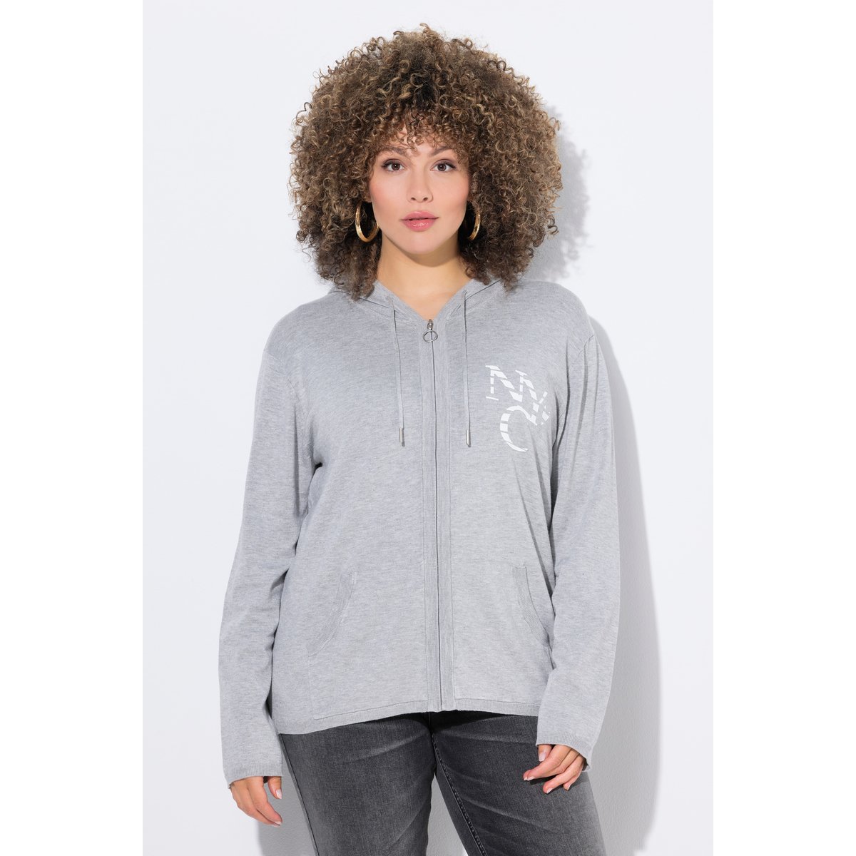 Cardigan à capuche et poche kangourou gris clair chiné, ULLA POPKEN