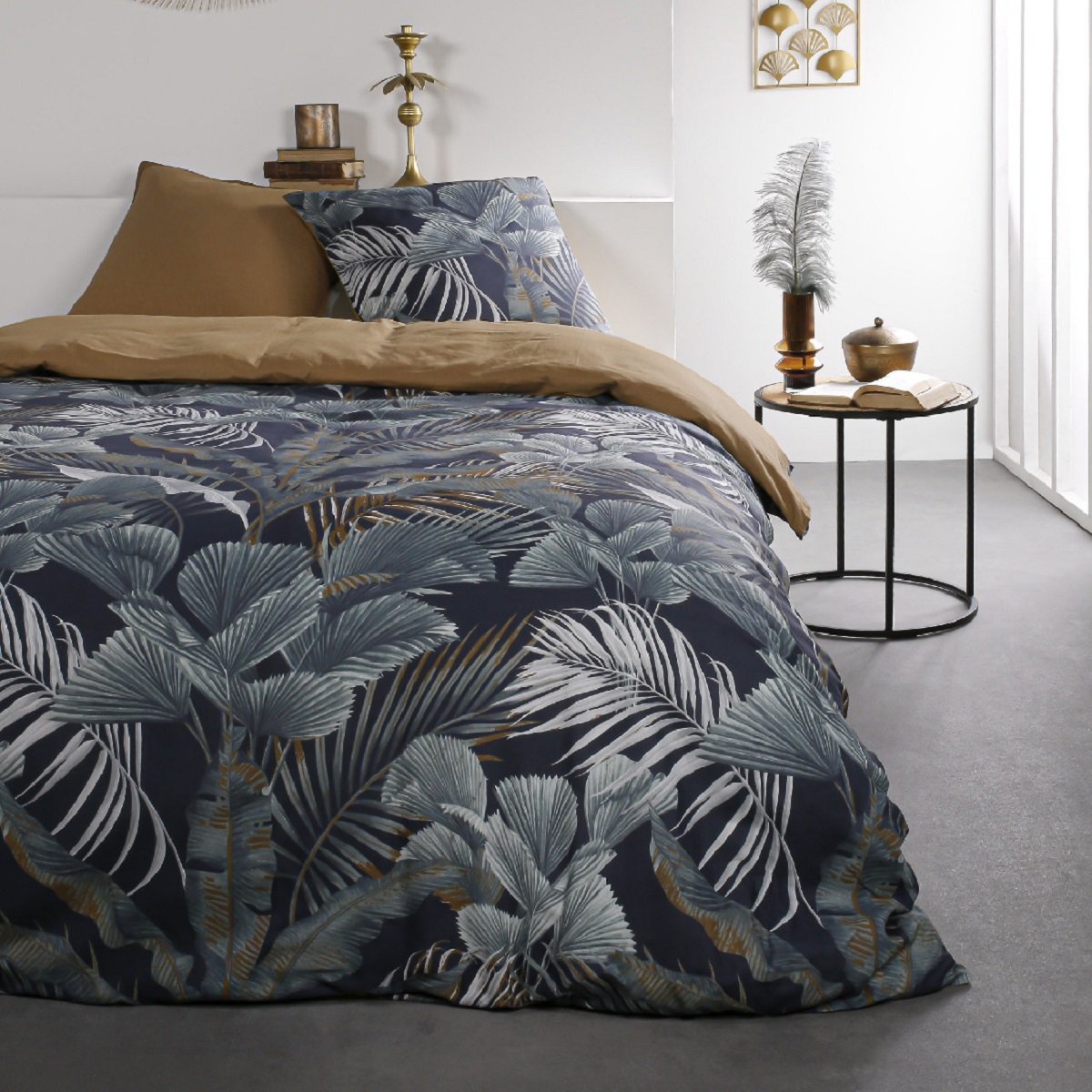 Parure de lit coton 2 personnes imprimé jungle SUNSHINE bleu, TODAY