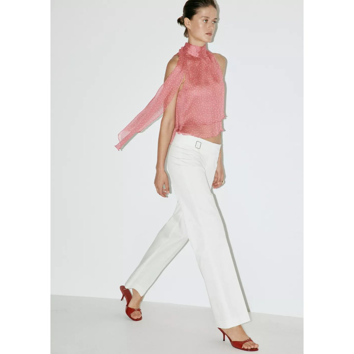 Blouse à pois détail nœud rose pâle, MANGO