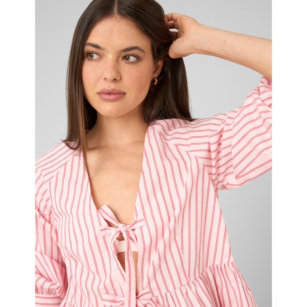 Blouse rayée à nouer rose pâle, BZB