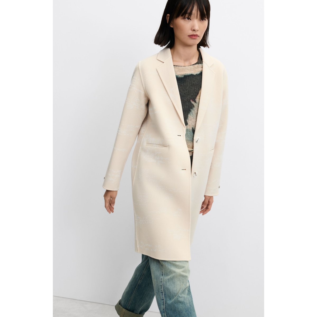 manteau regular imprimé en laine blanc, DESIGUAL