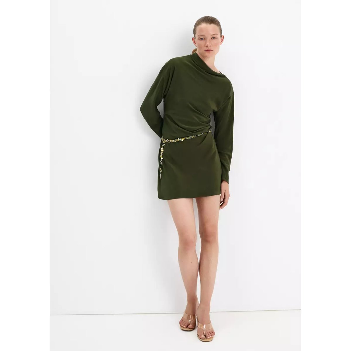 Robe col bateau froncée vert pastel, MANGO