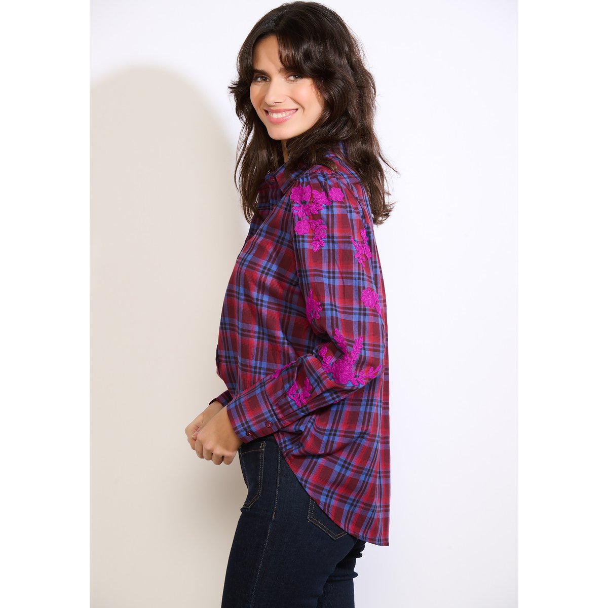 Chemise à carreaux brodée turquoise, LOLALIZA