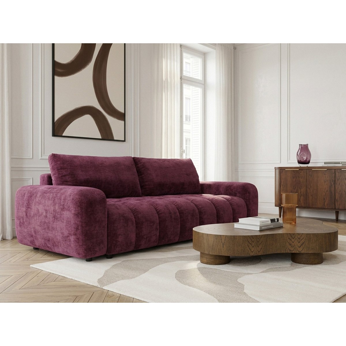 Canapé droit convertible 3 places en tissu lisse, JULES rouge, BOBOCHIC
