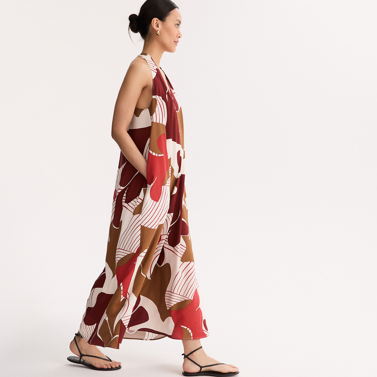 Robe longue col V sans manches imprimée imprimé, ANNE WEYBURN