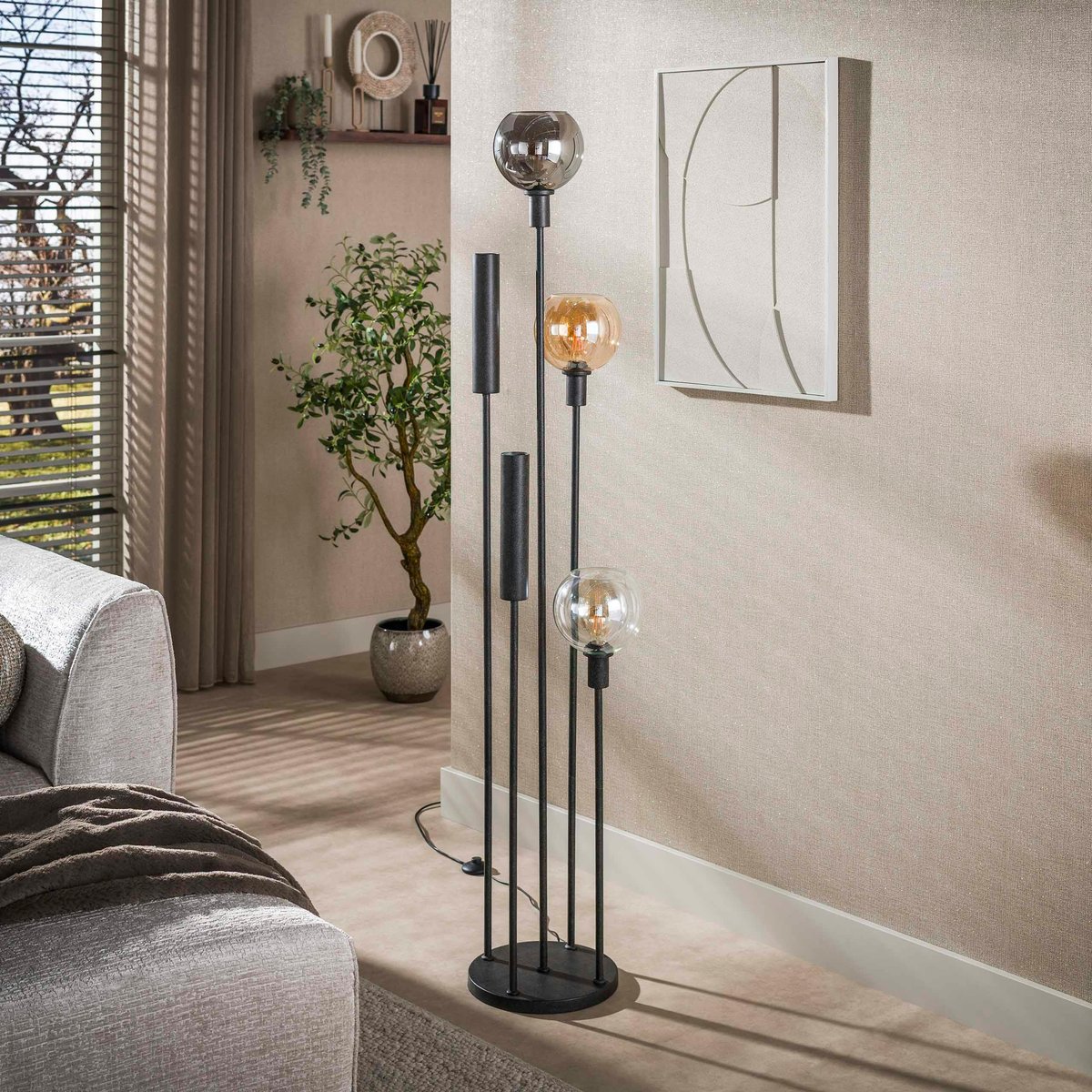 Lampadaire salon moderne 3 globes verre tricolore NOVA chrome, PIER IMPORT