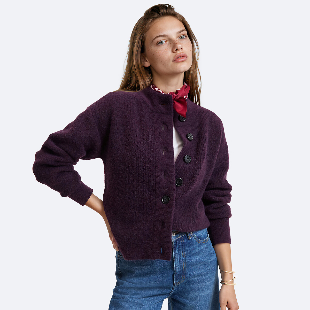 Chaqueta de cuello alto de punto grueso violeta oscuro, LA REDOUTE COLLECTIONS