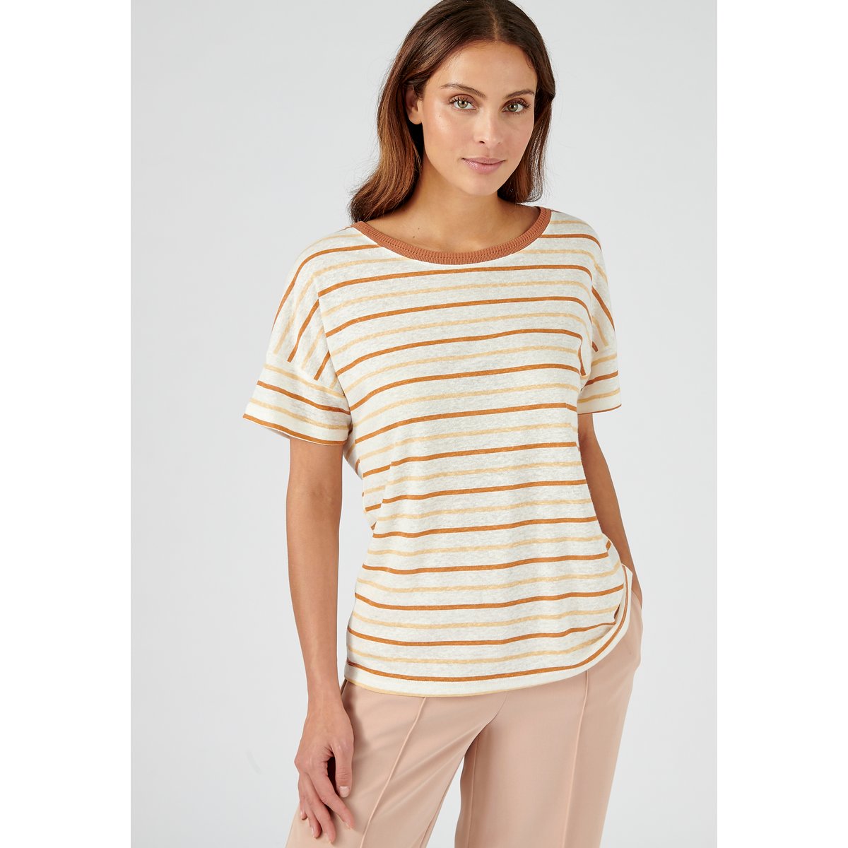 Tee-shirt à rayures en lin majoritaire marron beige rayé, DAMART