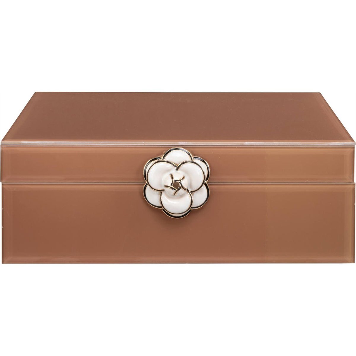 Boîte de rangement en verre motif floral marron brillant avec fleur blanche, RECOLLECTION