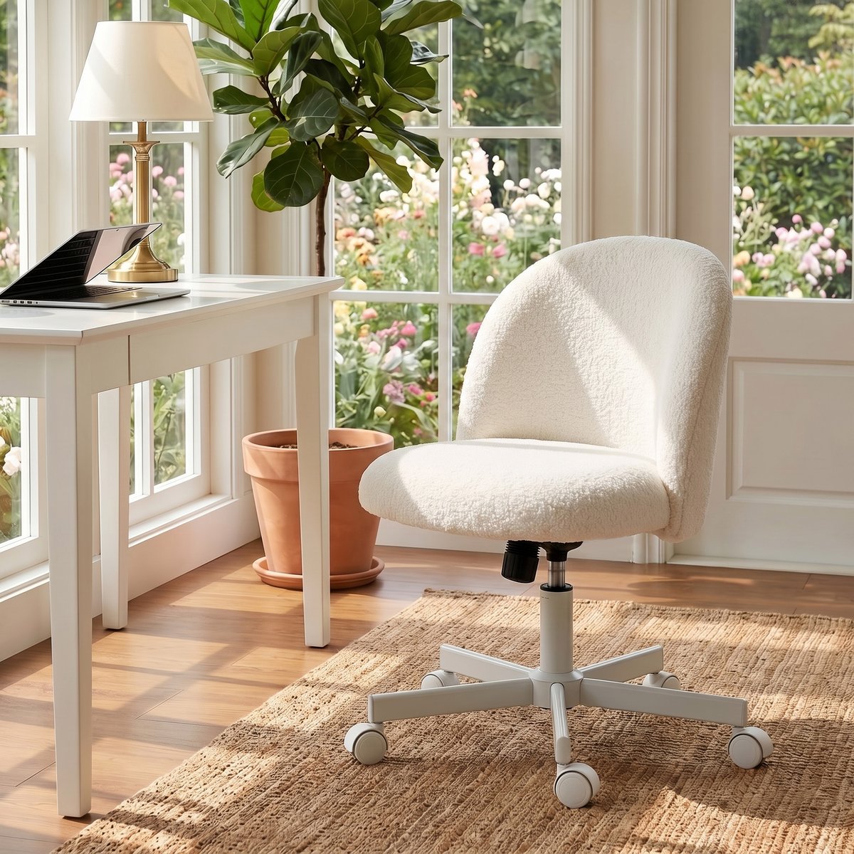 Chaise de bureau Tissu bouclette Blanc Crème blanc crème, HOMCOM