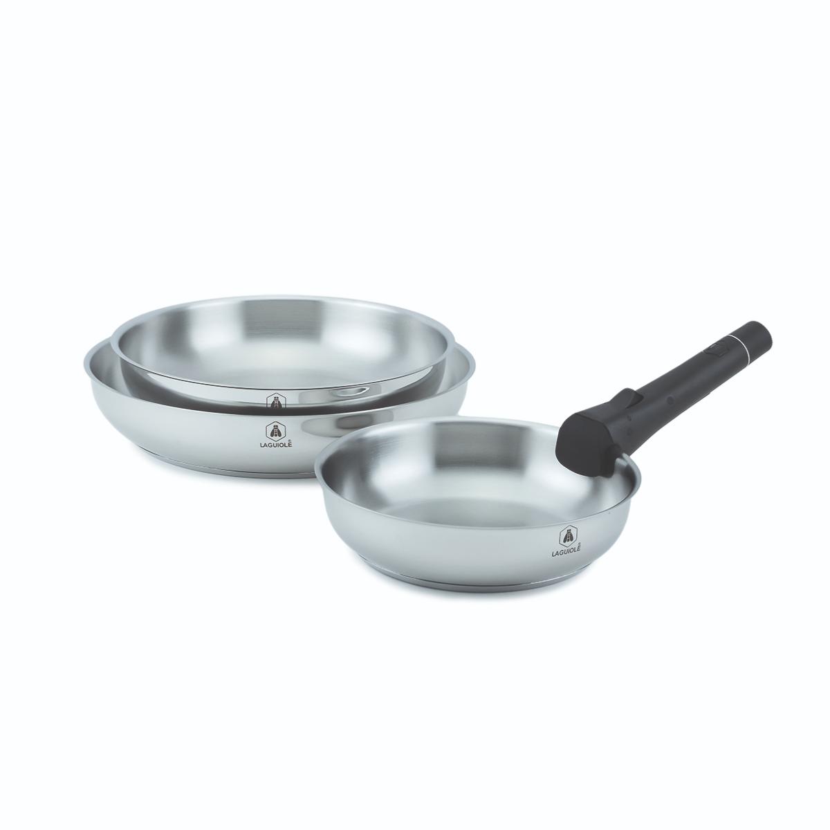 Set de 3 poêles inox amovible 20/24/28cm - "Réactif" couleur unique, LAGUIOLE CUISSON