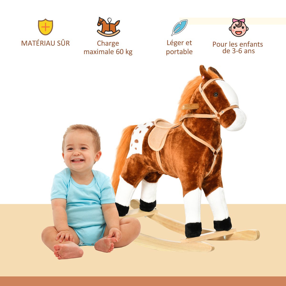 Cheval à bascule pour enfants Peluche Courte marron, HOMCOM