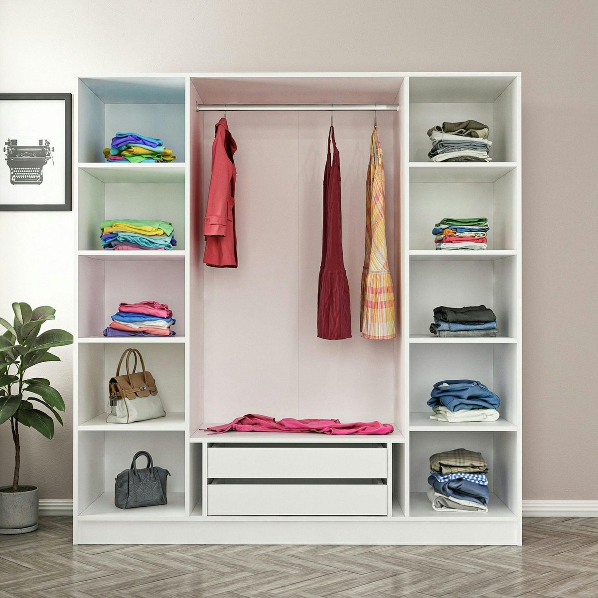 Armoire 4 portes, 1 penderie 8 niches 2 tiroirs BYRON blanc, PIER IMPORT