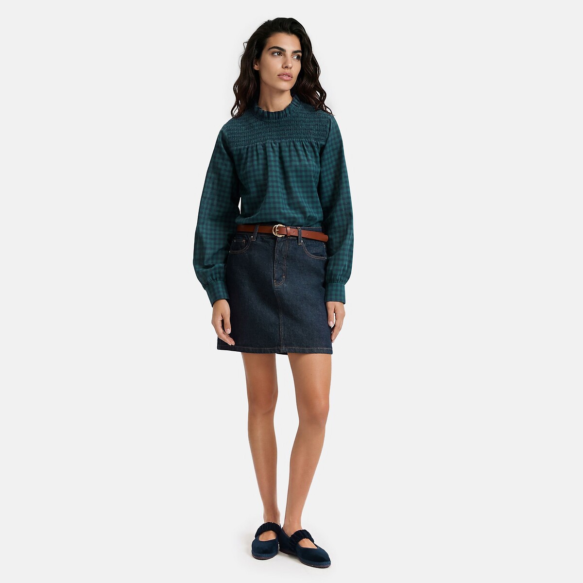 Camicetta a quadri, con arricciatura, colletto a balze quadri blu/verde , LA REDOUTE COLLECTIONS