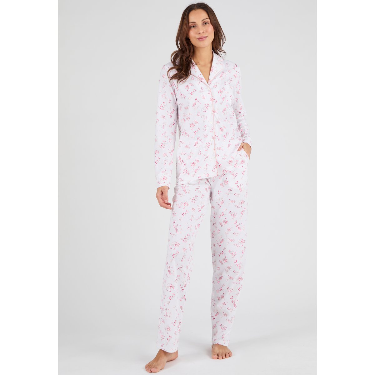 Pyjama en maille jersey pur coton rose fleuri, DAMART