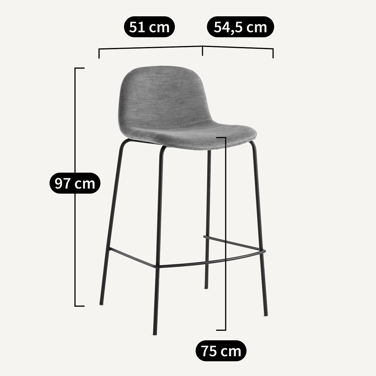Chaise de bar, velours flammé, H75 cm, Tibby gris lunaire, AM.PM