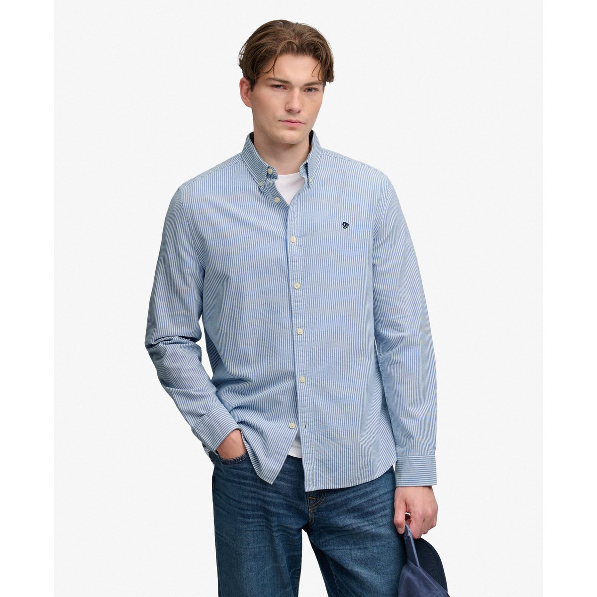 Chemise Oxford Preppy Manches Longues Coupe Décontractée mini rayures bleu azur, SUPERDRY