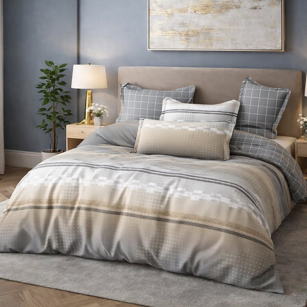 Parure house de couette en coton imprimé graphique beige, Strate multicolore, C DESIGN HOME TEXTILE