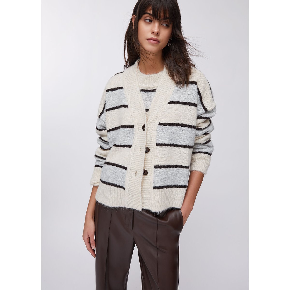 Cardigan à rayures en laine et alpaga gris et beige, LIU JO