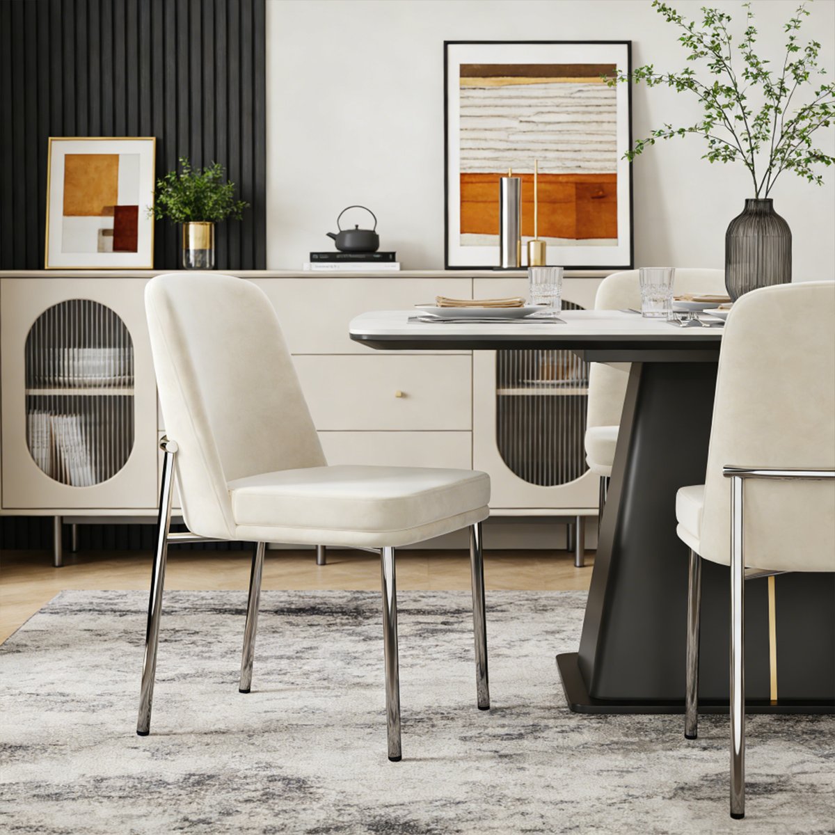 Lot de 2 chaises de salle à manger en velours avec pieds métal, DUORAUC beige, MEUBLES COSY