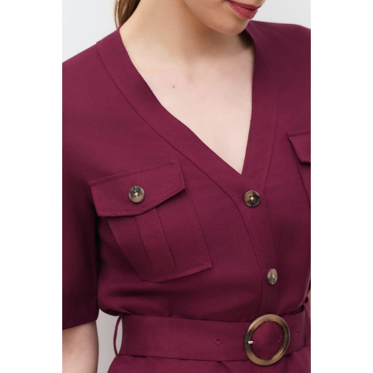 Robe droite col v lin RARE bordeaux, CAROLL