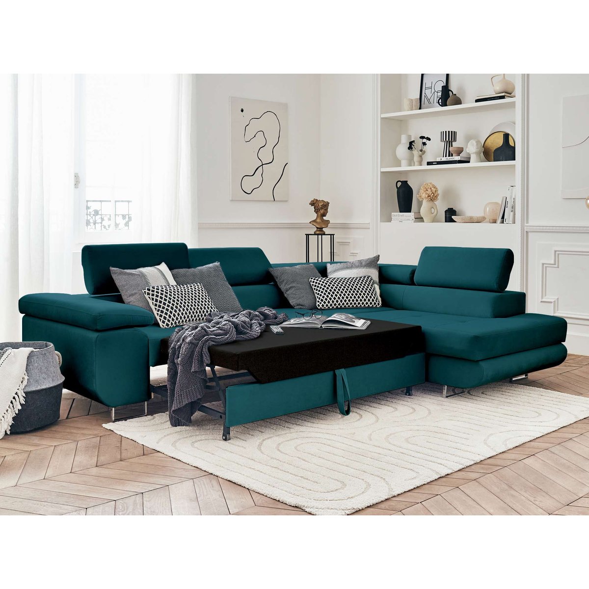 Canapé d'Angle Convertible 5 places - PABLO bleu canard, BEST MOBILIER