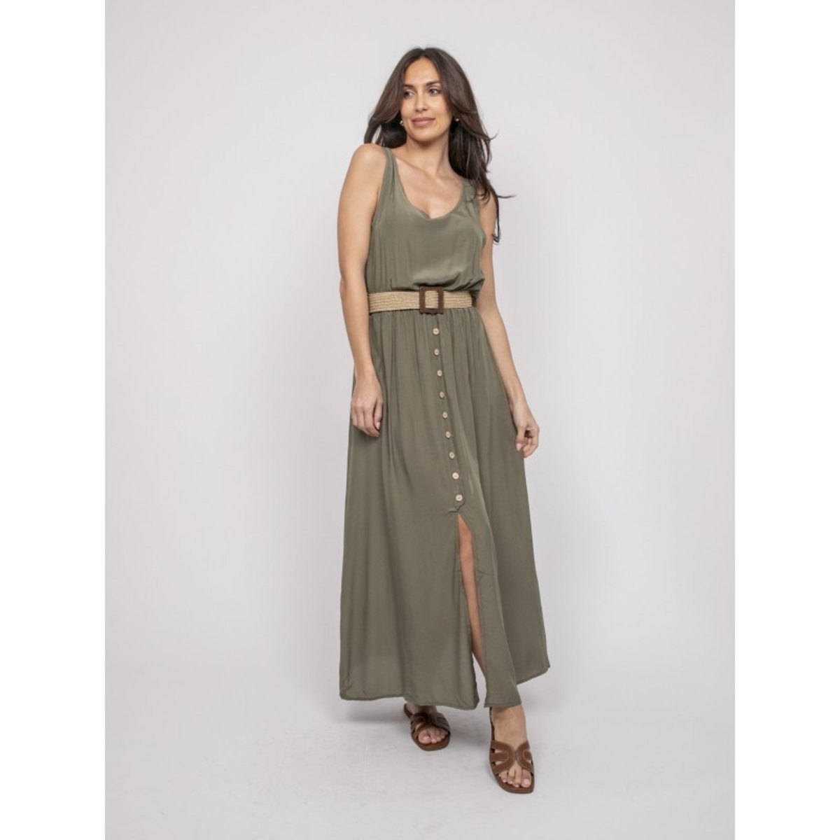 Robe Longue Avec Ceinture Ilanel kaki, DONA LISA