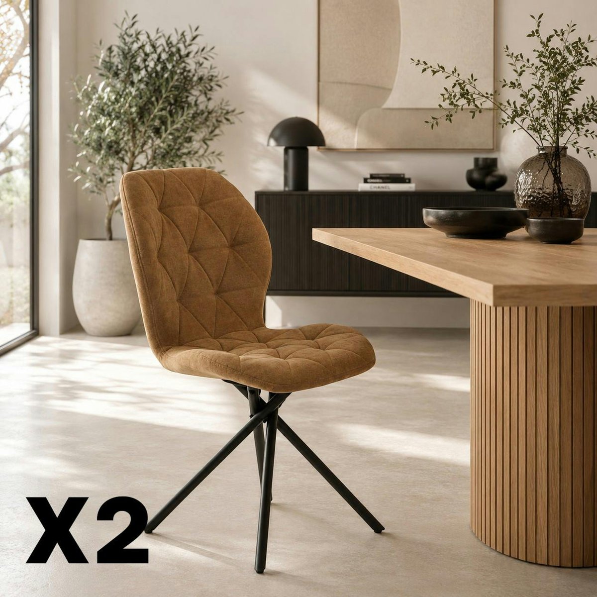 Chaise moderne en tissu, pied croisé (lot de 2) LUGANO moutarde, PIER IMPORT