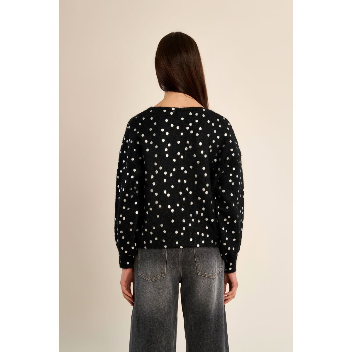 Pull col bateau, motif pois black / silver, MOLLY BRACKEN