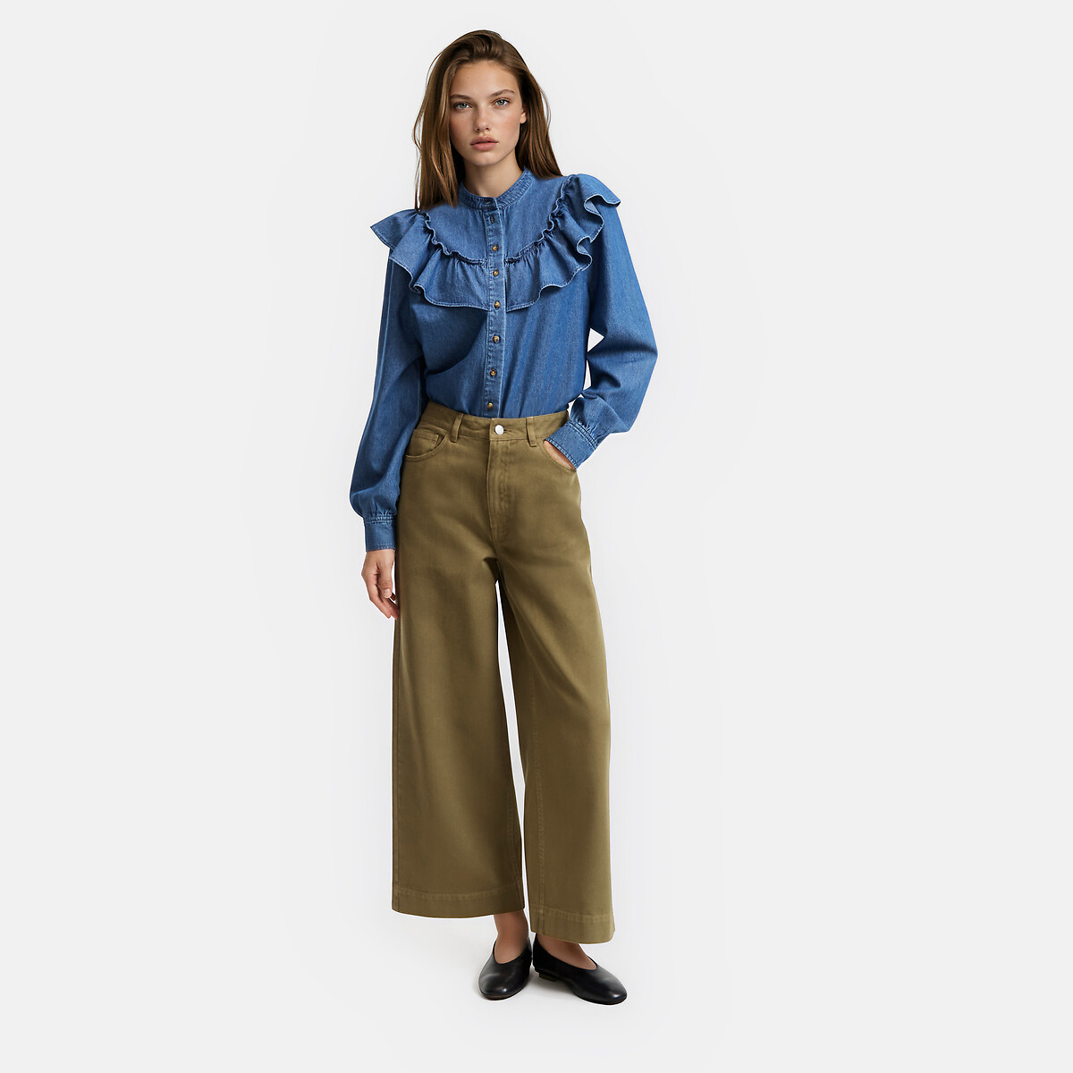 Chemise col rond en denim à volants bleu stone, LA REDOUTE COLLECTIONS