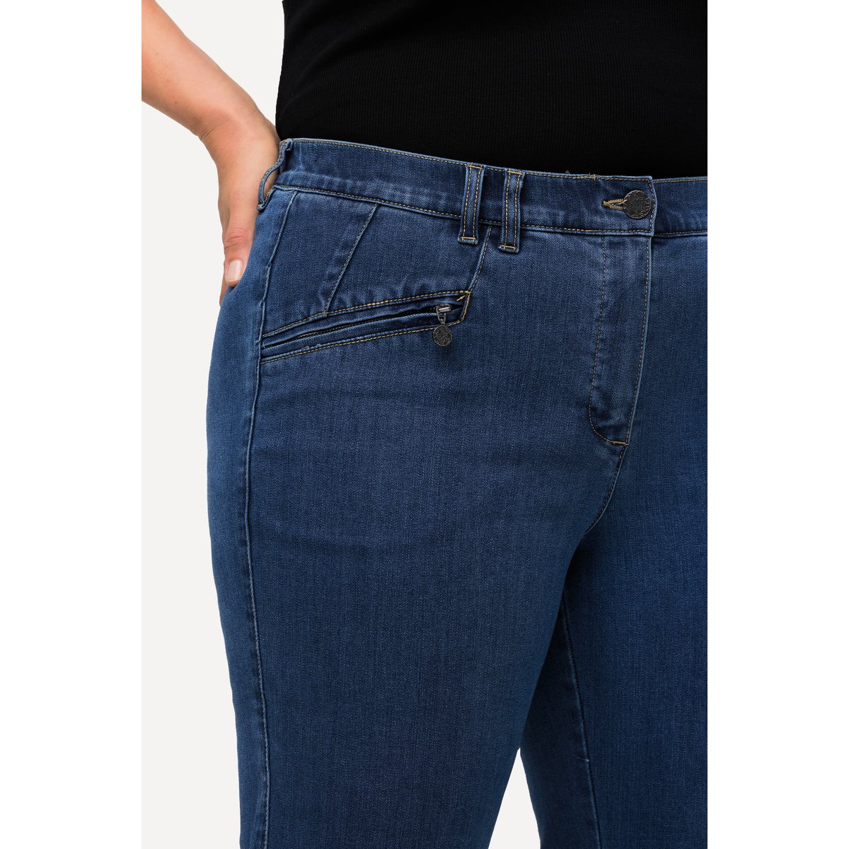 Jean Mony, jambe carotte et poches zippées bleu jean, ULLA POPKEN