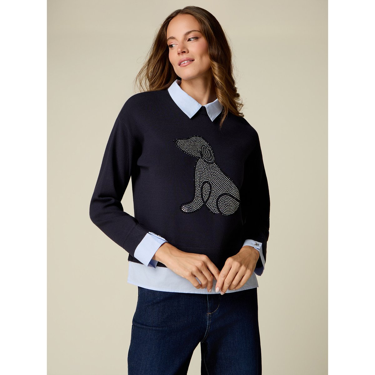 Pull avec détails chemise et cristaux bleu, OLTRE