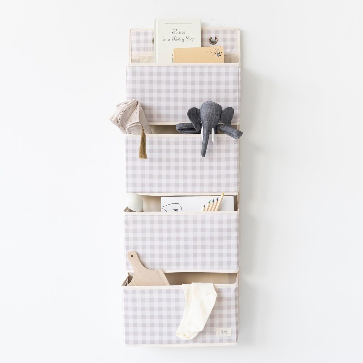Rangement mural en tissu recyclé vichy beige, 3 SPROUTS
