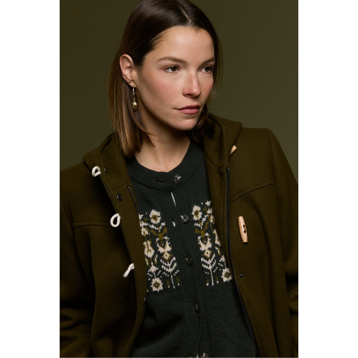 Duffle coat zippé - drap de laine green moss foncé, ARMOR-LUX