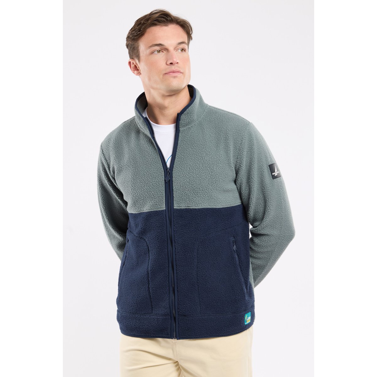 Veste polaire moutonnée mixte vert de gris/navy, ARMOR-LUX