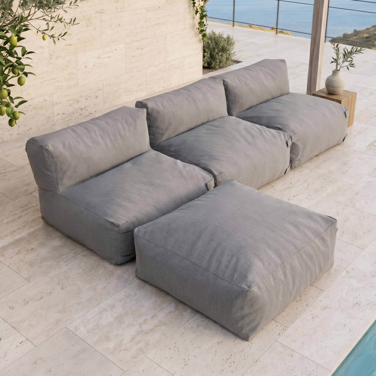 Canapé de jardin modulable avec 3 chauffeuses et 1 pouf, MIXI gris, OVIALA