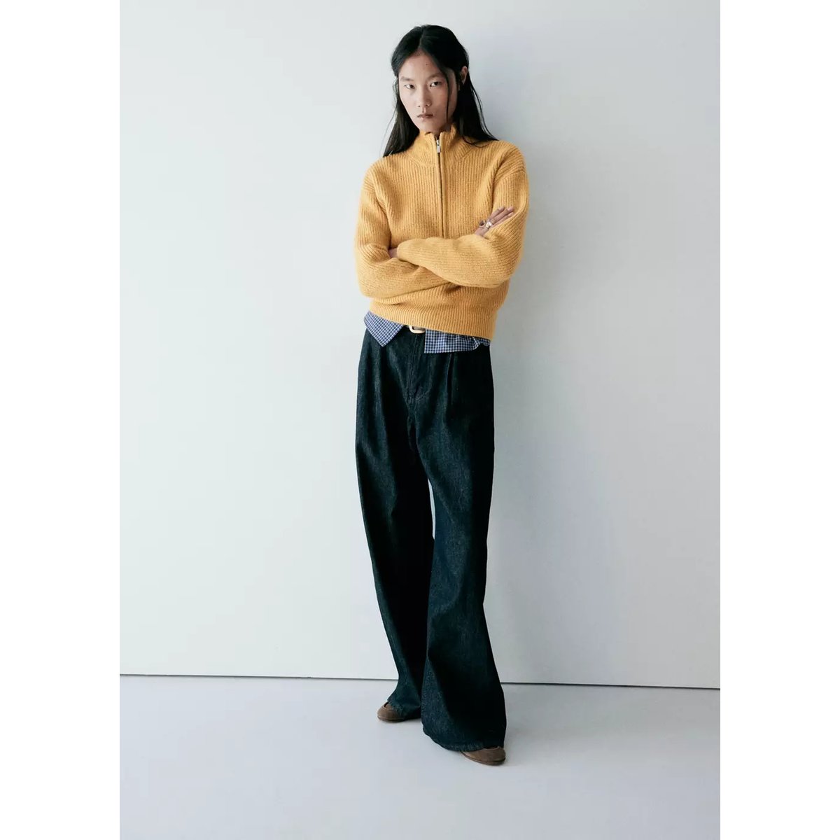Pull-over col roulé fermeture Éclair moutarde, MANGO