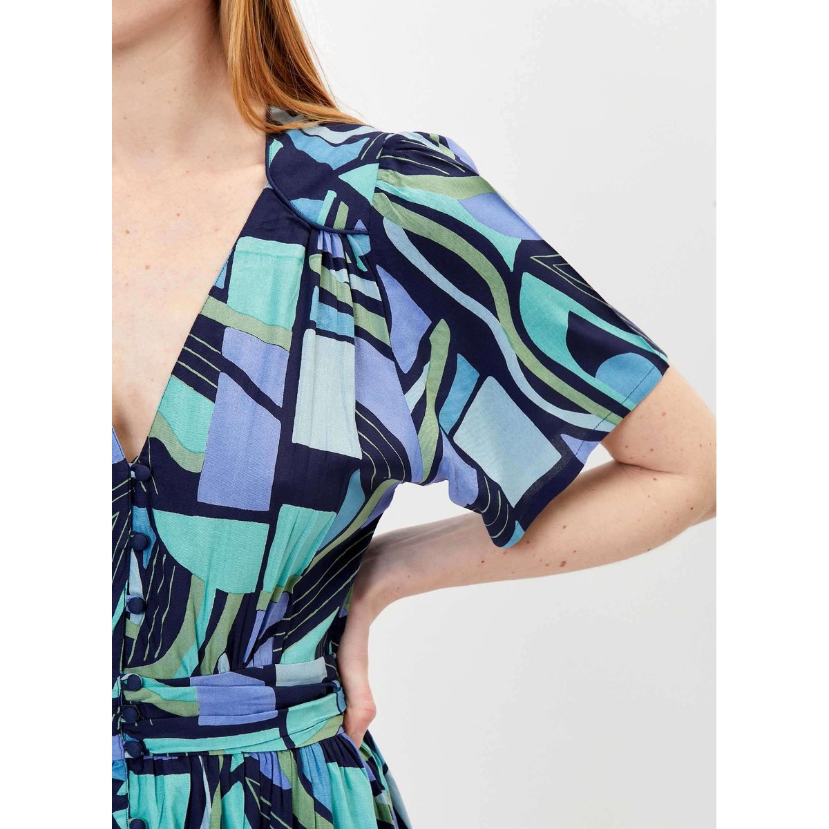Robe longue rétro imprimée Ecovero TONY bleu ciel matchi, PRINCESSE NOMADE