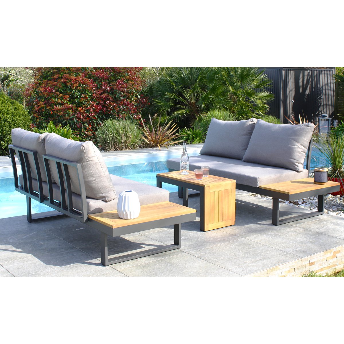 Salon de jardin 4 places en bois d' et aluminium TOKYO gris anthracite, DCB GARDEN
