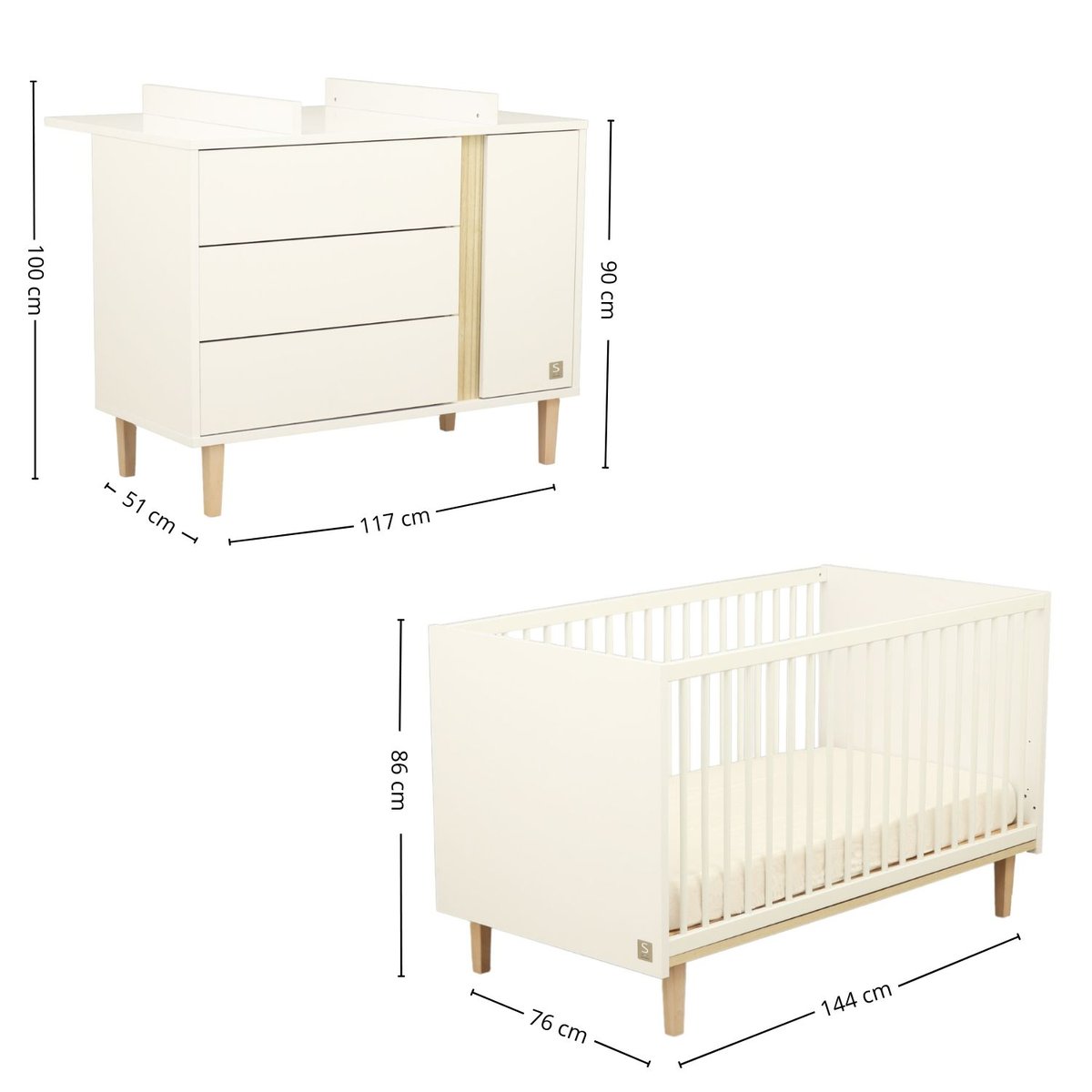 Chambre bébé, Lit évolutif et Commode à langer 3 tiroirs et 1 porte blanc, SAUTHON