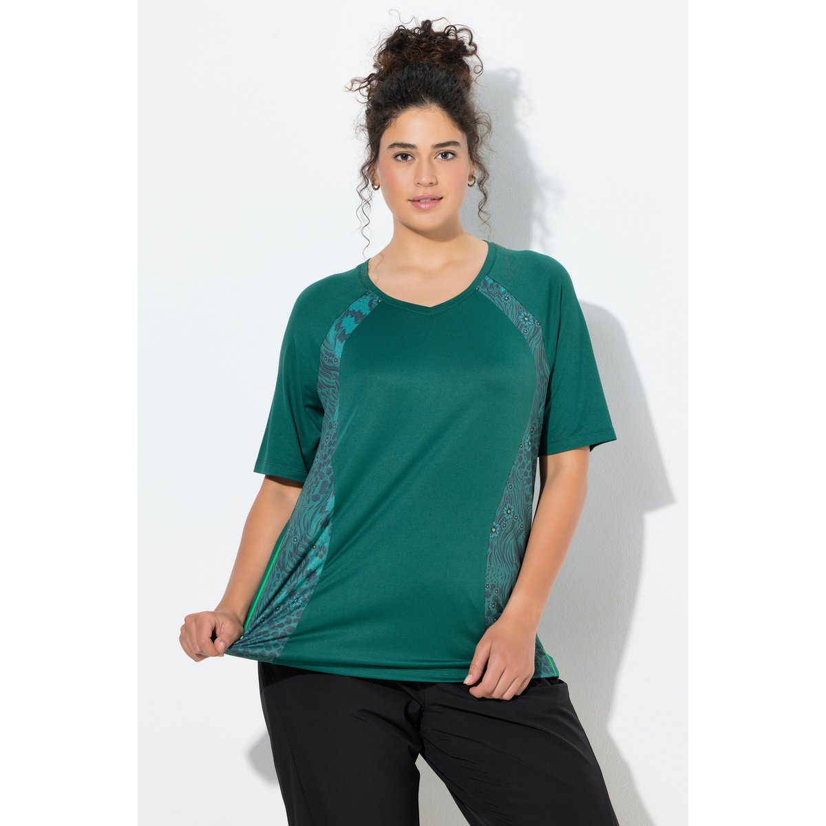 T-shirt technique motif floral/léopard vert bouteille, ULLA POPKEN