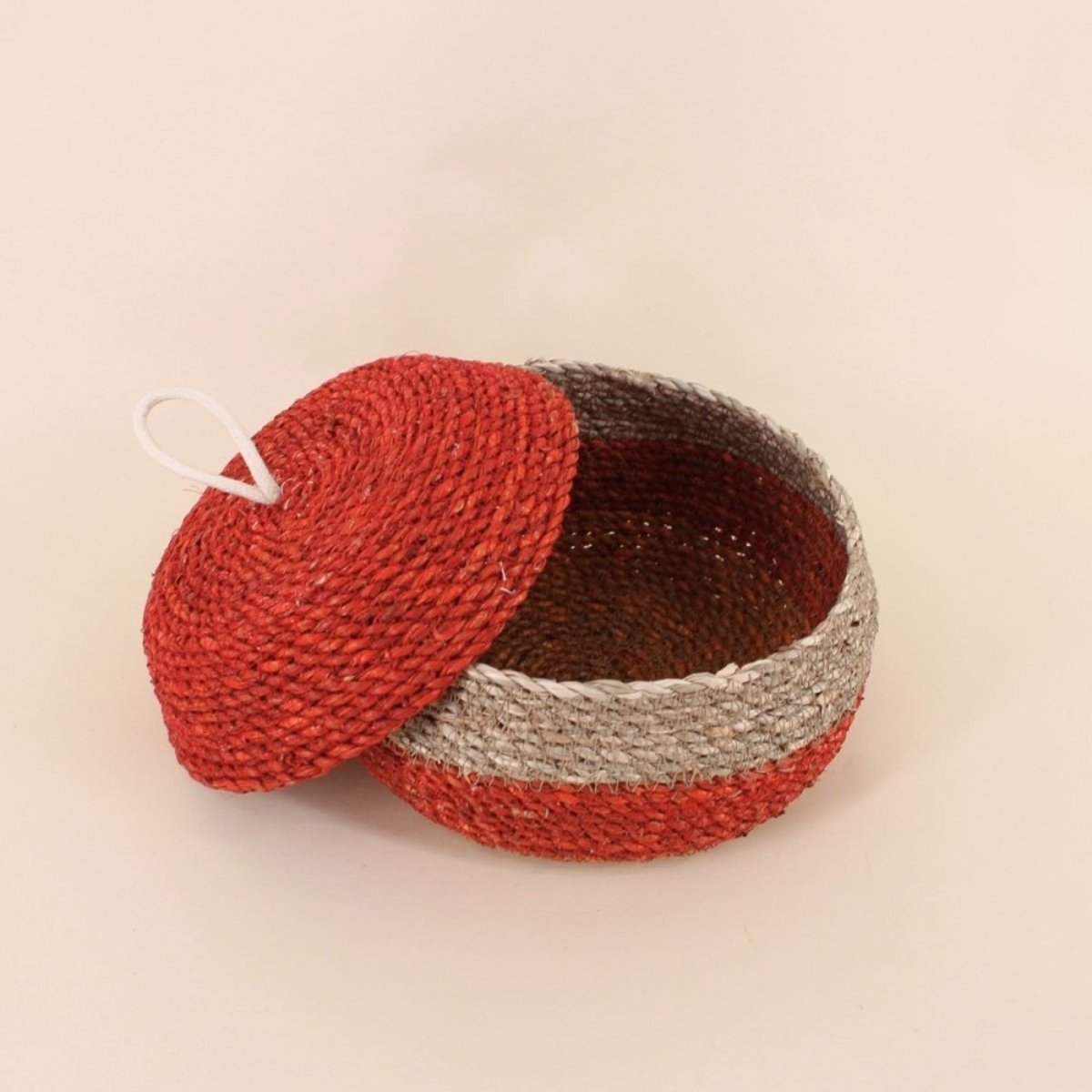 Lot de 2 paniers rayés à couvercle fibres naturelles rouge, naturel rouge, ORNAMI