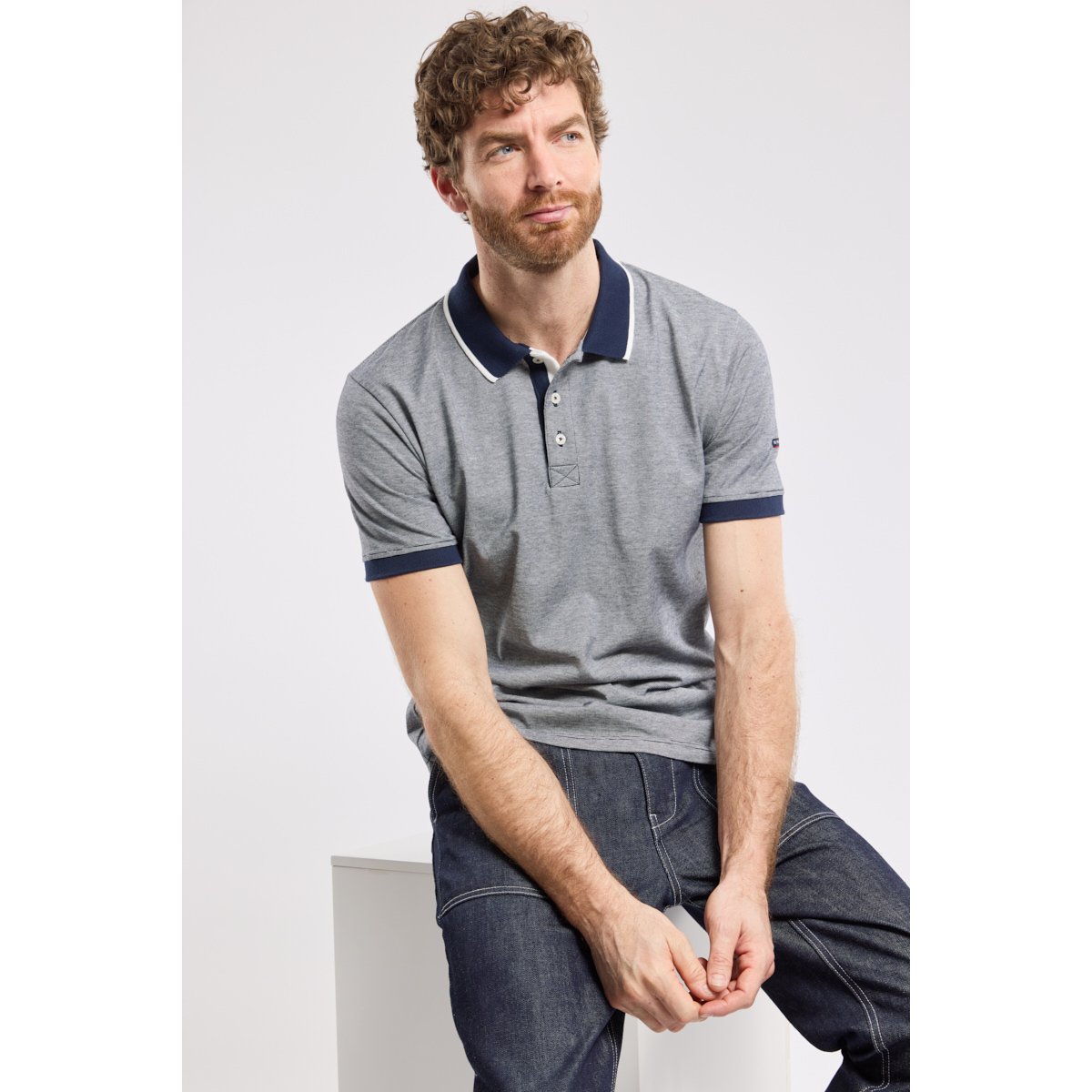 Polo fines rayures en coton léger marine deep/milk, ARMOR-LUX