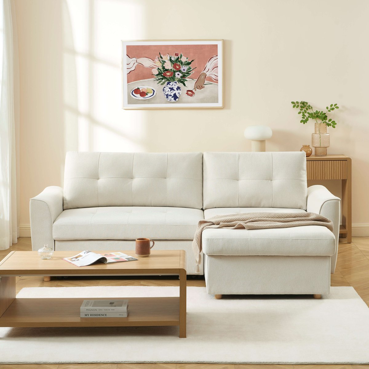 Canapé d'angle convertible tissu TAMARA beige, BAÏTA