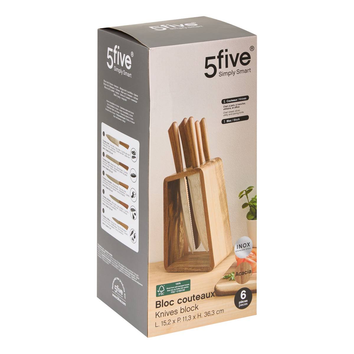 Bloc 5 couteaux ACACIA marron, 5FIVE SIMPLY SMART