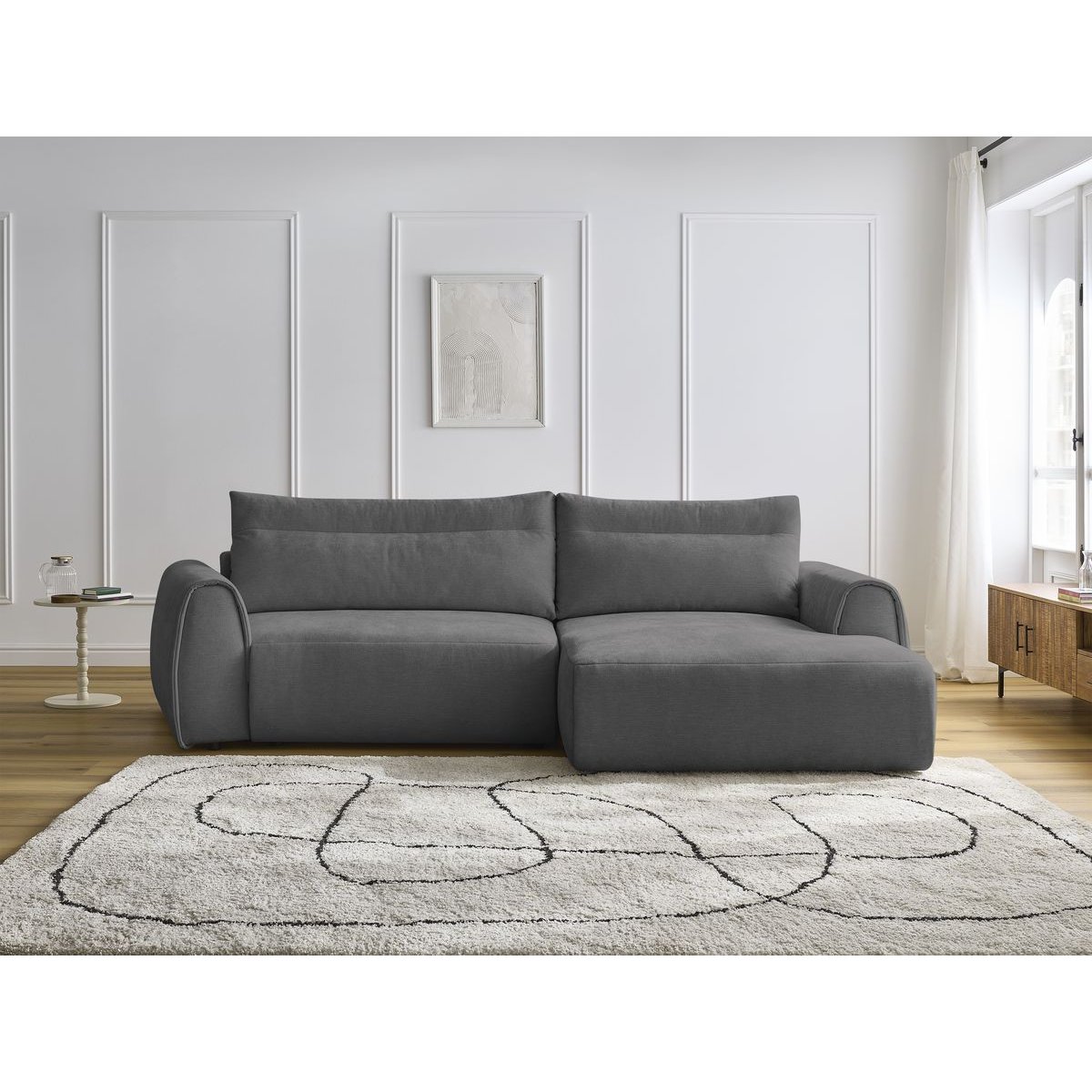 Canapé d'angle fixe incurvé 3 places tissu lisse, ADEN gris foncé, BOBOCHIC