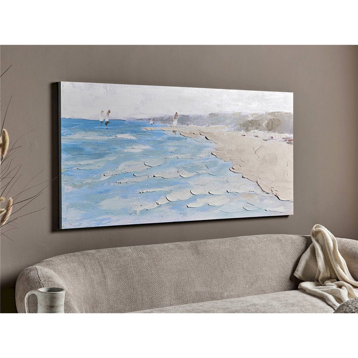 Tableau abstrait en toile, Paysage marin bleu océan beige sable blanc lumineux, RECOLLECTION