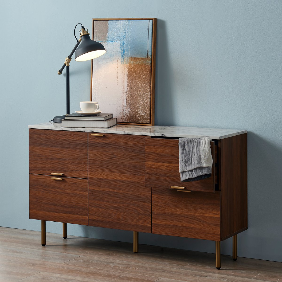 Grand buffet bas en bois effet marbre pour salon, Brun, ASHTON couleur unique, TEAMSON HOME