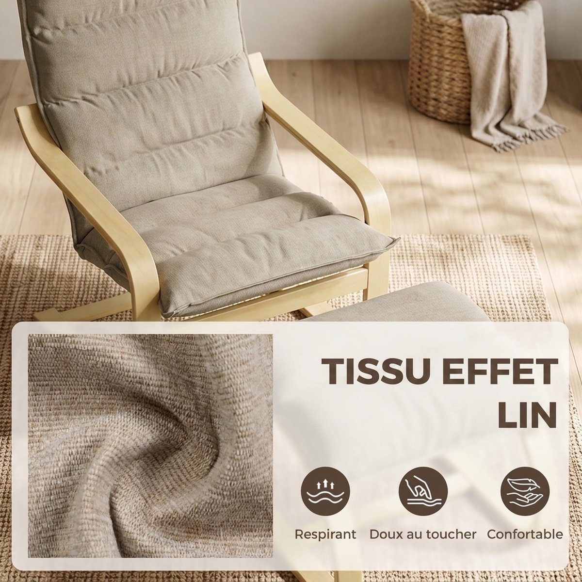 Fauteuil d'appoint avec repose-pieds Lin beige, HOMCOM